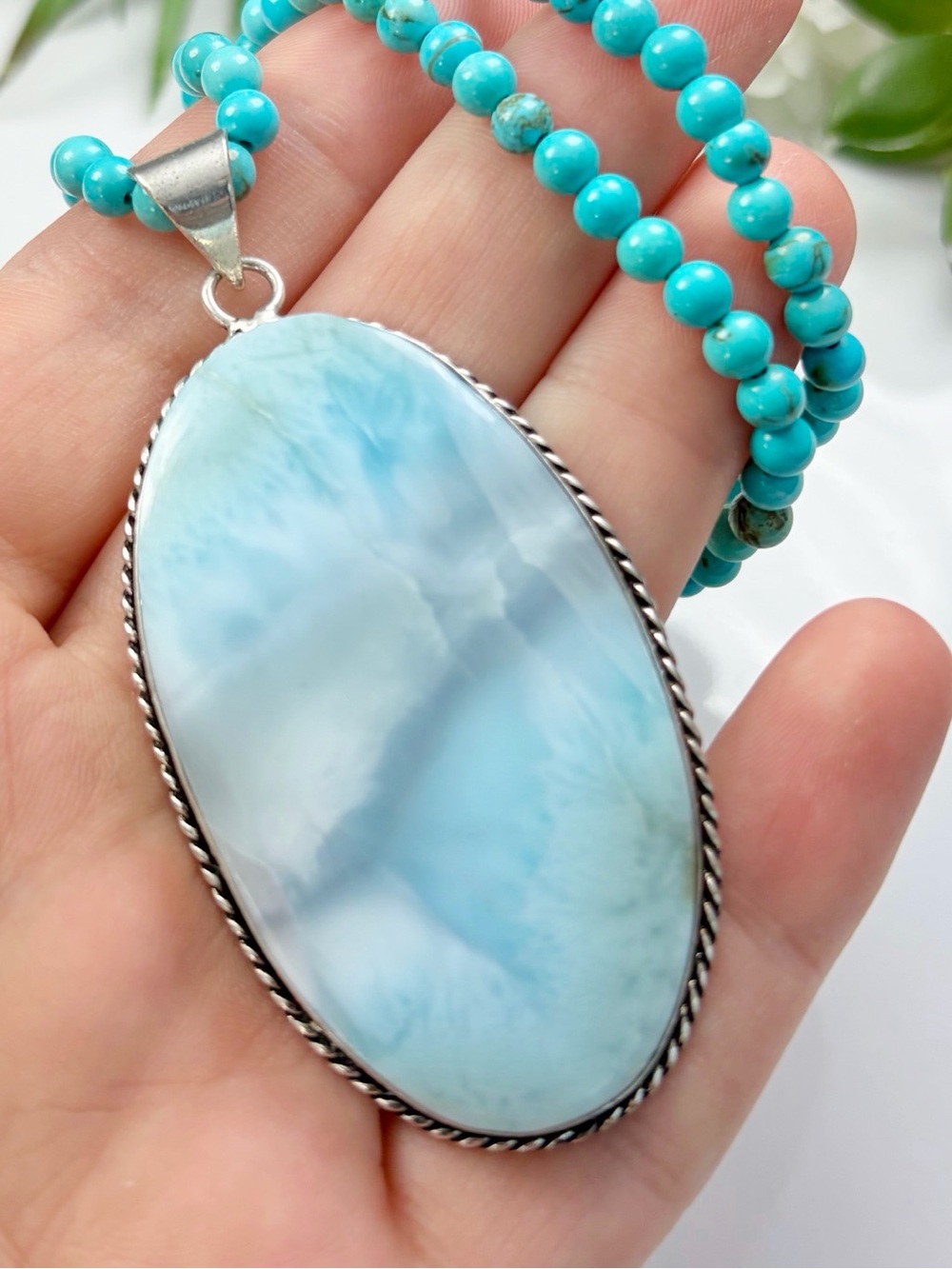 Big Larimar Pendant Turquoise Necklace Boho Southwest Vintage Style Handmade 925